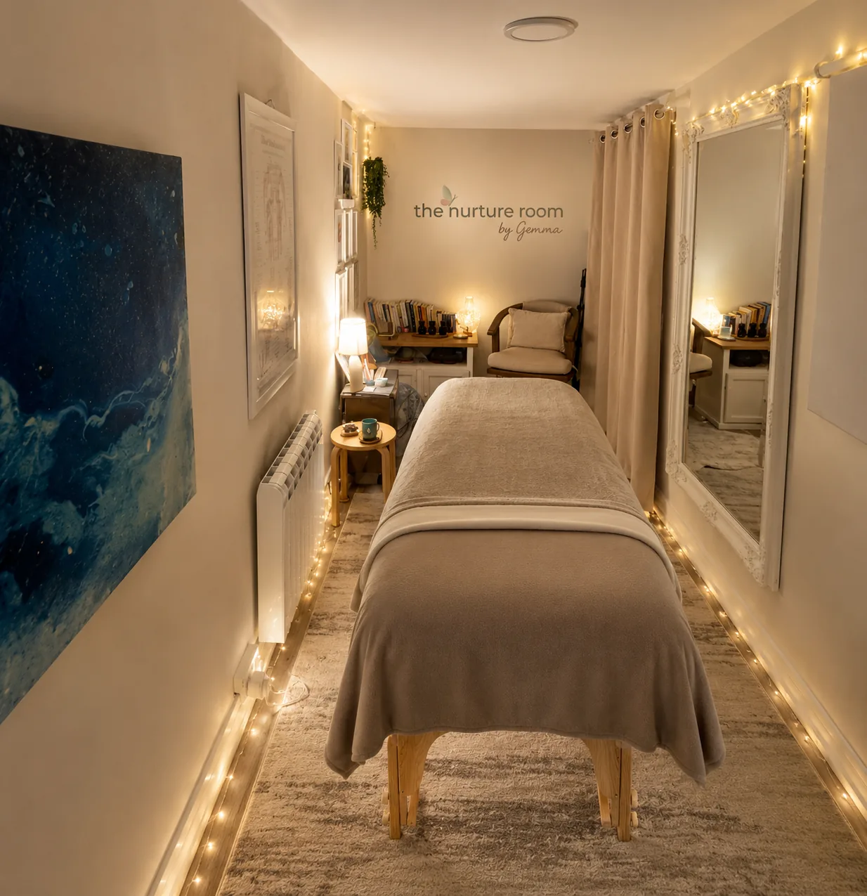 The treatment room at The Nurture Room in Tralee, warmly lit with the nurture room sign on the wall